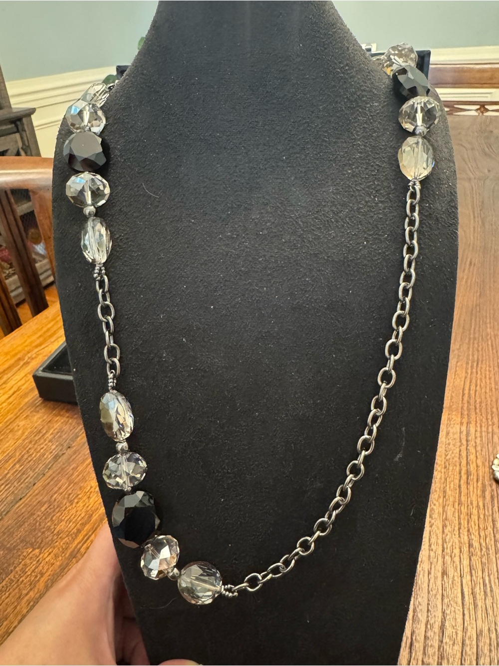 Premier Designs Black Gray Clear Faceted Bead Long Statement Necklace Silver